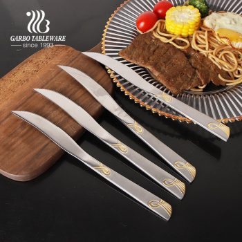 Cuchillo de mesa 410ss con pulido de espejo para uso en comedor de mesa con mango dorado