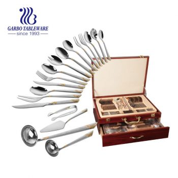 Juego de cubiertos de 86 piezas de oro caliente en Egipto Juego de cubiertos de acero inoxidable barato Juego de utensilios de cocina con estuche de madera