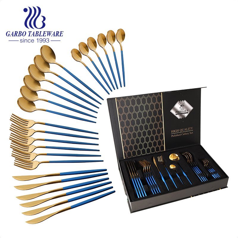 Conjunto de talheres azul 24 peças de titânio ouro conjunto de talheres caixa de presente 13/0 utensílios de mesa de aço inoxidável