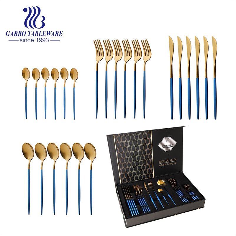 Conjunto de talheres azul 24 peças de titânio ouro conjunto de talheres caixa de presente 13/0 utensílios de mesa de aço inoxidável