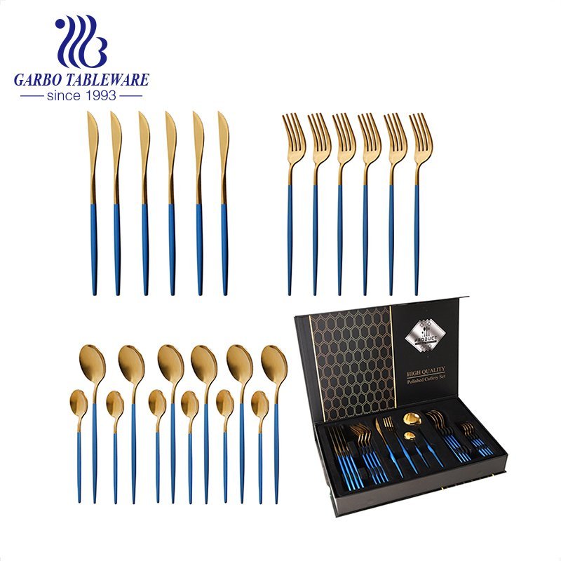 Conjunto de talheres azul 24 peças de titânio ouro conjunto de talheres caixa de presente 13/0 utensílios de mesa de aço inoxidável