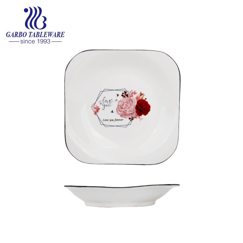 Impression de décalcomanies personnalisées en gros assiette creuse en porcelaine carrée de 8 pouces pour le dîner