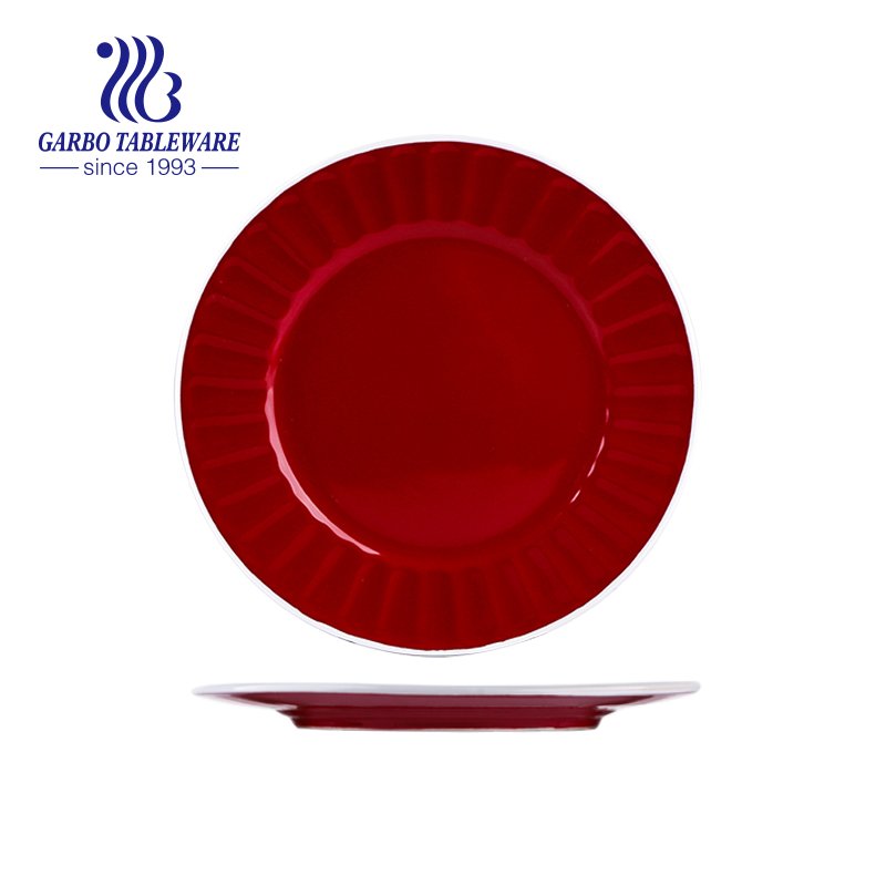 Wholesale tableware cheap custom color glazed blue 10inch embossed ceramic dinner plate