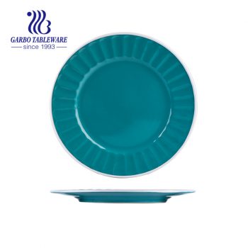 Оптовая посуда дешевая нестандартная цветная глазурованная синяя 10-дюймовая керамическая тарелка с тиснением