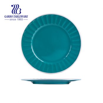 Wholesale tableware cheap custom color glazed blue 10inch embossed ceramic dinner plate