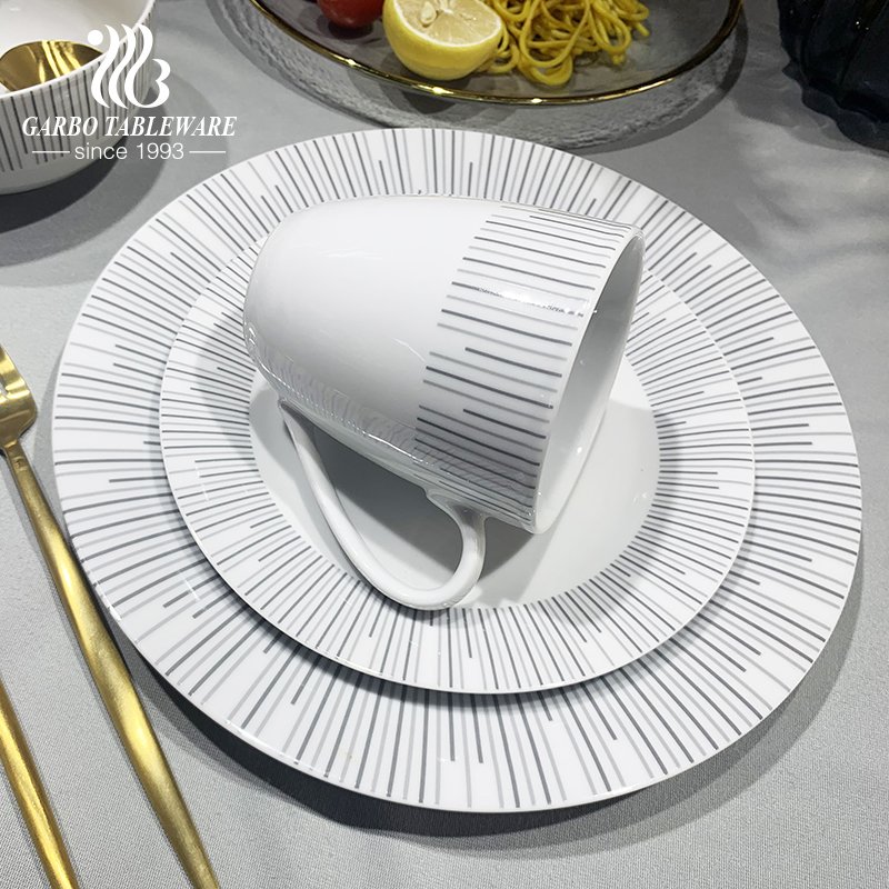 16pcs vertical simple high temperature porcelain dinner set 10.5” dinner plate 7.5” dessert plate 5.5” rice bowl 390ml mug set
