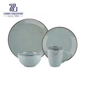 16pcs light green color glazed stoneware plate bowl mug set with golden rim