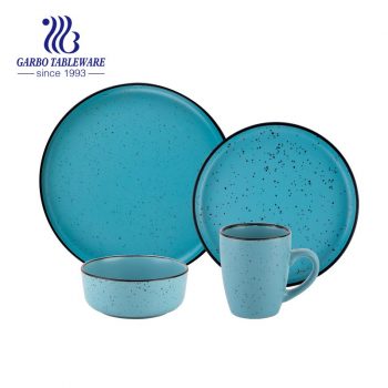 16pcs himmelblau glasierte Steingut-Essteller Dessertteller Reisschüssel Becher-Set mit schwarzem Rand