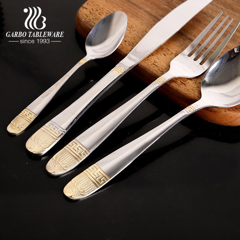 Egyptian style stainless steel golden plated flatware set 16 pieces China wholesale cutlery set