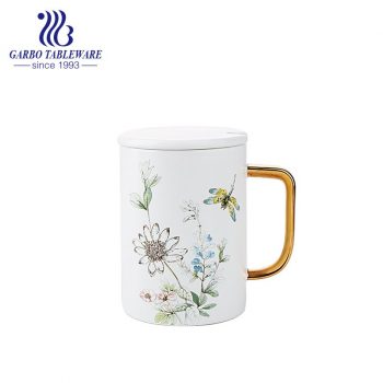 porcelain water mug with golden ceramic lid classic print gold rim high end design drinking mugs set gift box pack