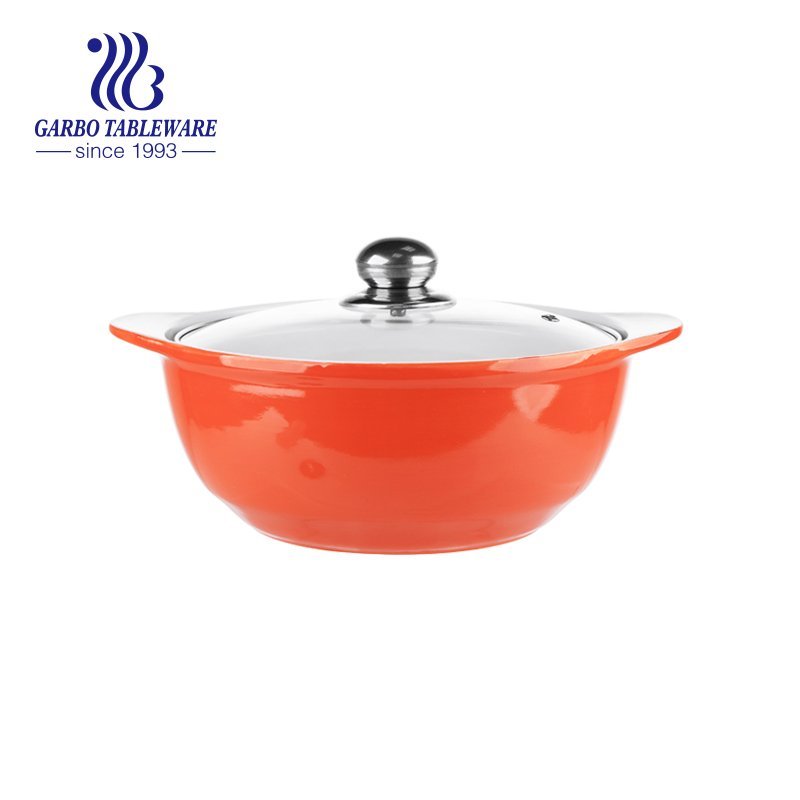 Ceramic cooking casserole red color glaze double handles bowl with porcelain cover engraved design table kitchenware set