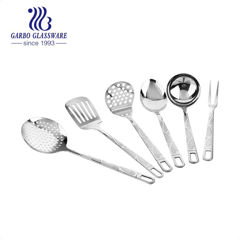 Conjunto de utensílios de cozinha resistente ao calor de aço inoxidável 201 inclui torneiro, concha, escumadeira e colher de sopa grande