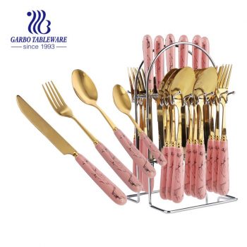 Pink Lady Serie Besteckset Haushalt 24-teiliges Goldbesteckset rosa Keramikgriff kreatives Marmordesign Geschirrset