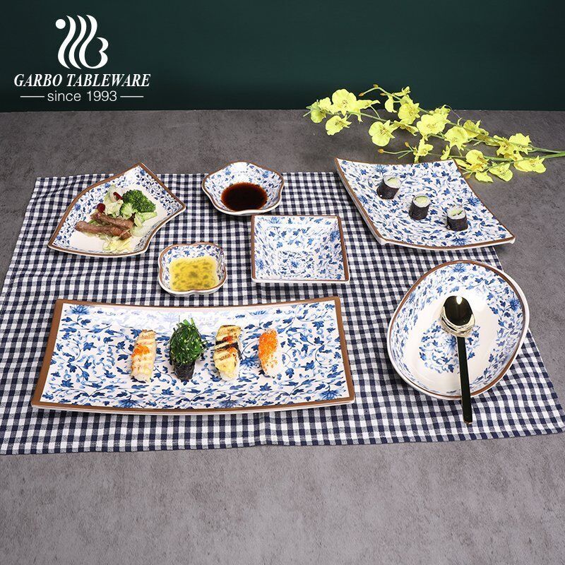 أطباق حساء بيضاوية كلاسيكية من الميلامين مع تصميمات أنيقة لملصق زهور زرقاء للاستخدام اليومي