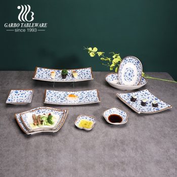 Bandeja de plástico rectangular de melamina para servir con flores azules, adecuada para el hogar o el restaurante.
