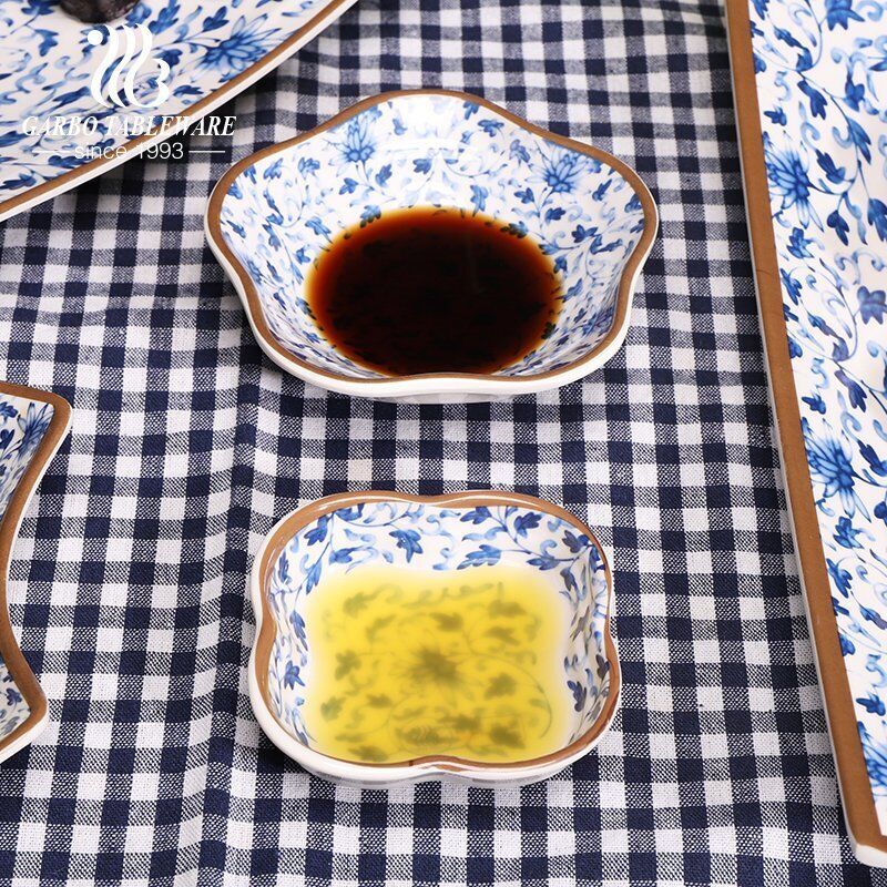 Melamine sauce dish in flower shapes with classical blue flowers for home daily use or resturant use in all occasions