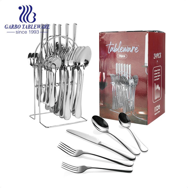 Resplendent gold plated 24 pieces flatware set royal cutlery set with iron shelf for collection