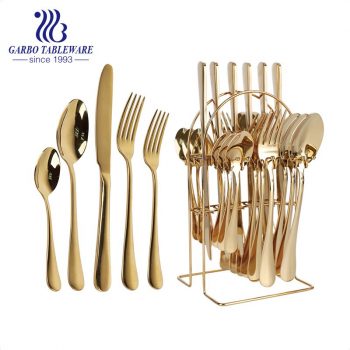 Resplendent gold plated 24 pieces flatware set royal cutlery set with iron shelf for collection