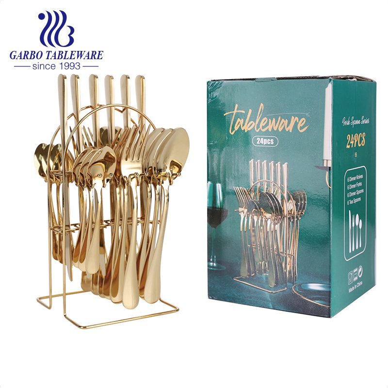 Resplendent gold plated 24 pieces flatware set royal cutlery set with iron shelf for collection