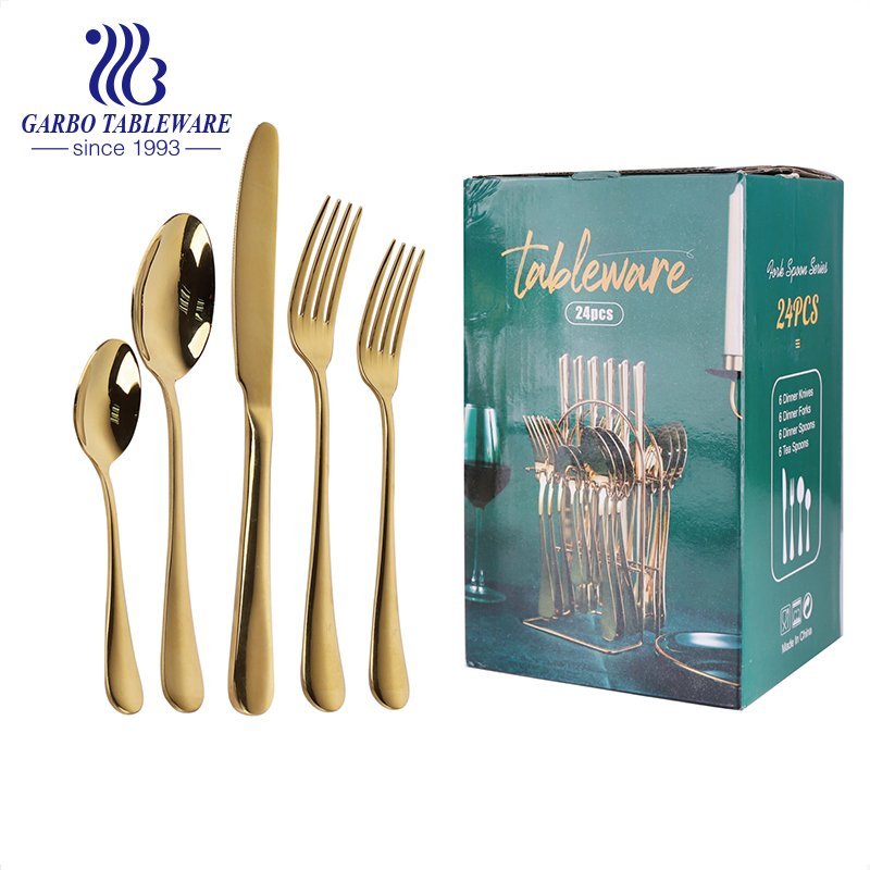 Resplendent gold plated 24 pieces flatware set royal cutlery set with iron shelf for collection