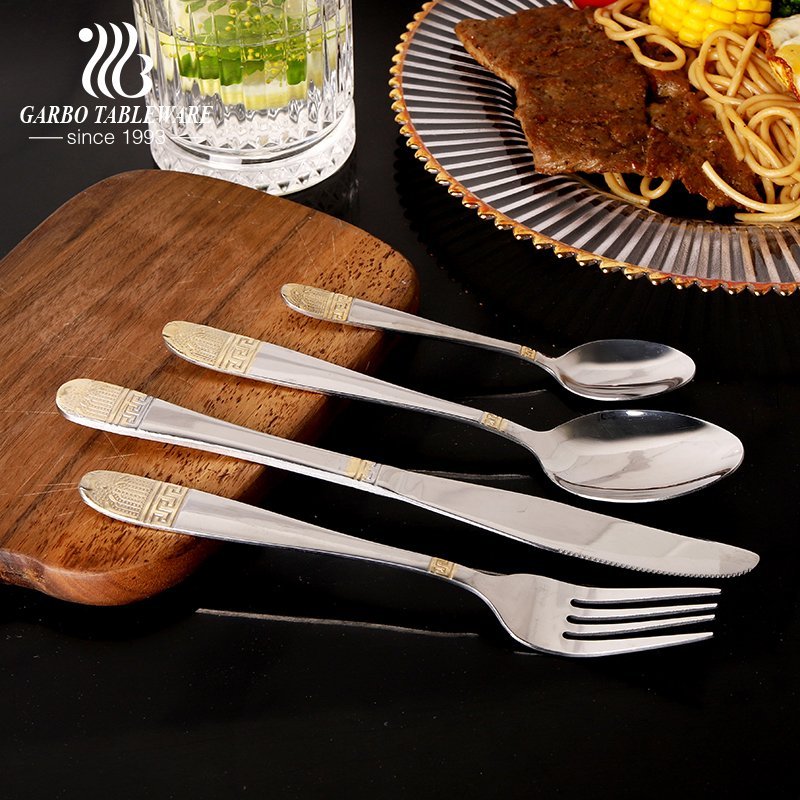High-end Silver Stainless Steel Fork with Engraved Pattern And Golden Decoration Handle