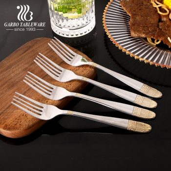 High-end Silver Stainless Steel Fork with Engraved Pattern And Golden Decoration Handle