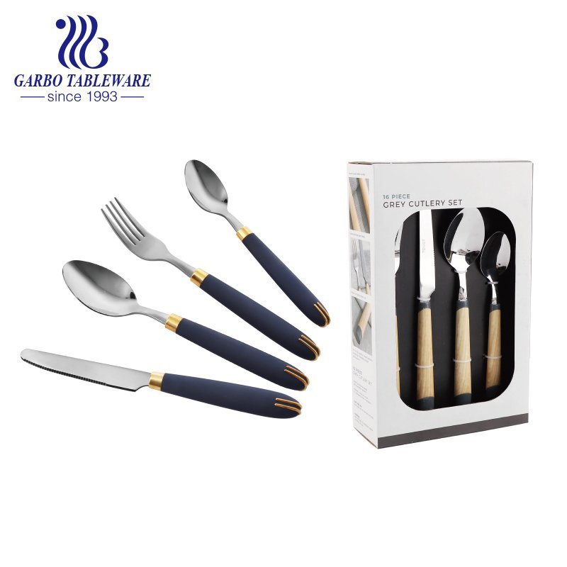430 Premium stainless steel 24 pcs wood grain plastic handle flatware set mirror polished cutlery set service 6