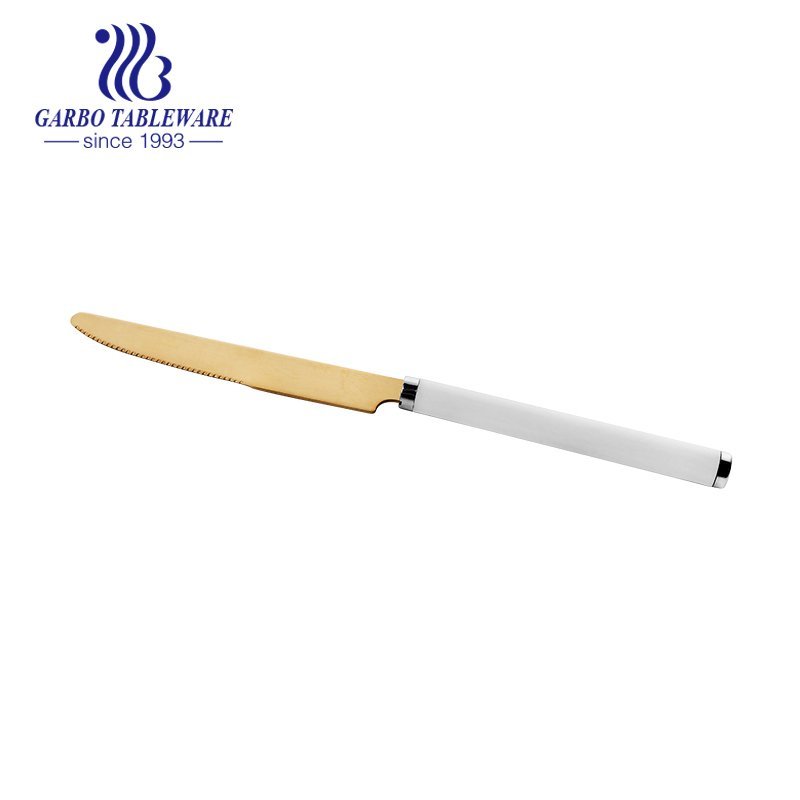 Comfortable to hold silver and gold dinner knife with white handle