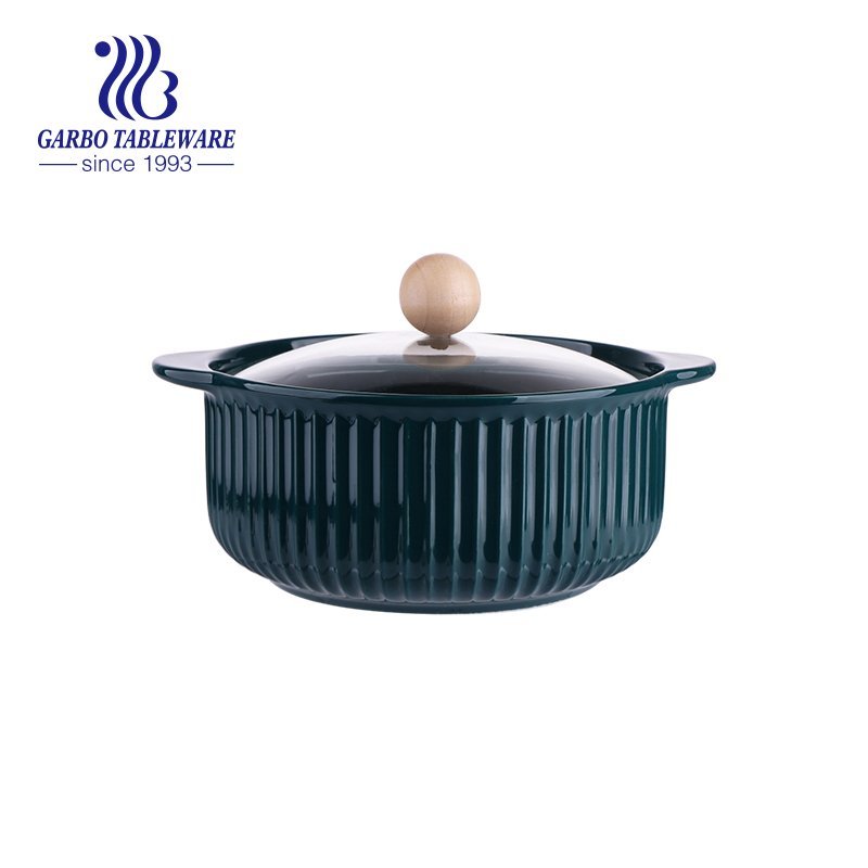Creative print brown heat resistant pot double handle big ceramic casserole table kitchenware cooking bowl
