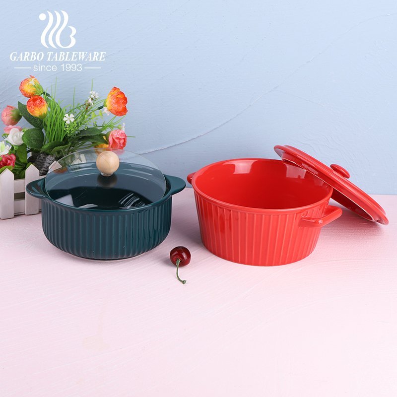 Creative print brown heat resistant pot double handle big ceramic casserole table kitchenware cooking bowl