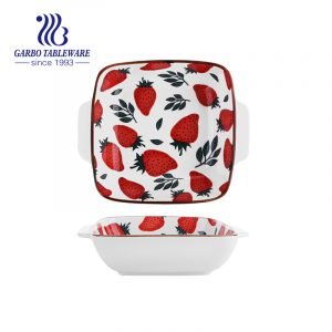 Ceramic baking bowl square 550ml with handle and strawberry decal