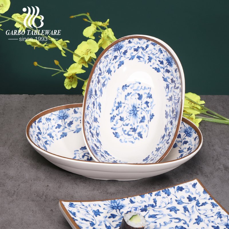 Melamine dish with blue flower design stylish plastic serving tray suitable for home table or outdoor events