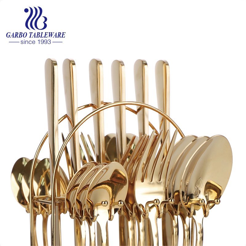 Resplendent gold plated 24 pieces flatware set royal cutlery set with iron shelf for collection