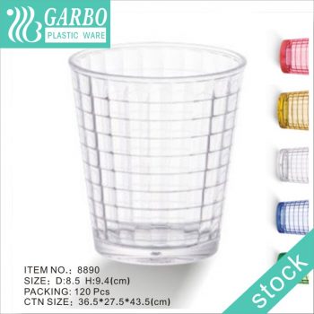 Taza de cristal de whisky de policarbonato transparente de 12 oz resistente a roturas de promoción con diseño de rejilla