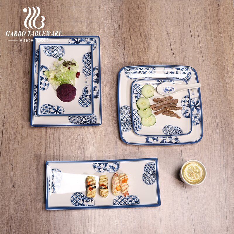 Strong and unbreakable melamine serving tray with new decal design suitable for home or restuarant used for fruit, snack, sushi, meat, etc