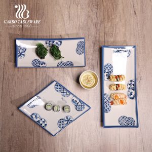 Strong and unbreakable melamine serving tray with new decal design suitable for home or restuarant used for fruit, snack, sushi, meat, etc