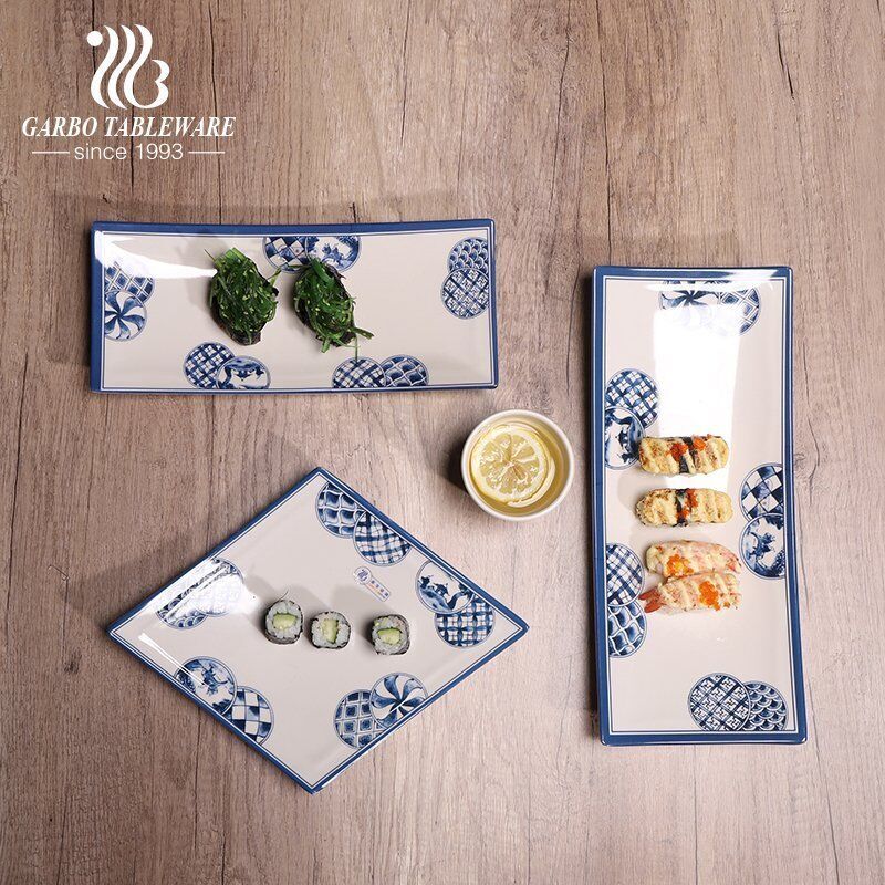 Multi-purpose melamine serving platter rectangular and quare shaped dinner plates with blue color printing, suitable for home or party used