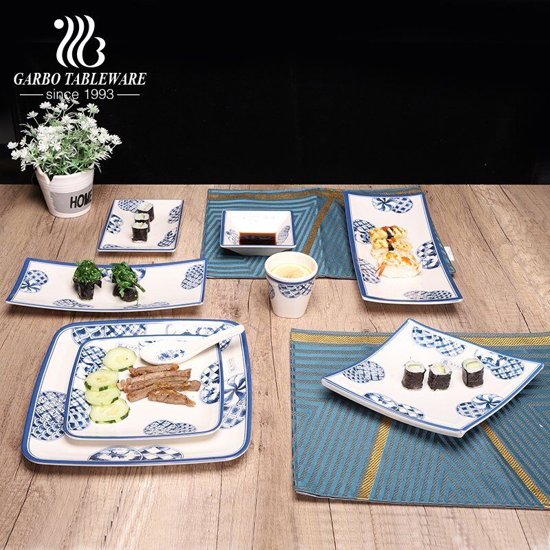 Multi-purpose melamine serving platter rectangular and quare shaped dinner plates with blue color printing, suitable for home or party used