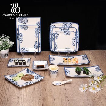 Multi-purpose melamine serving platter rectangular and quare shaped dinner plates with blue color printing, suitable for home or party used