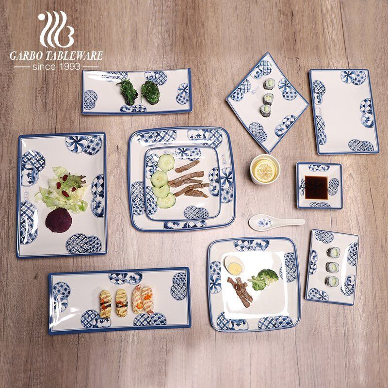 Strong and unbreakable melamine serving tray with new decal design suitable for home or restuarant used for fruit, snack, sushi, meat, etc