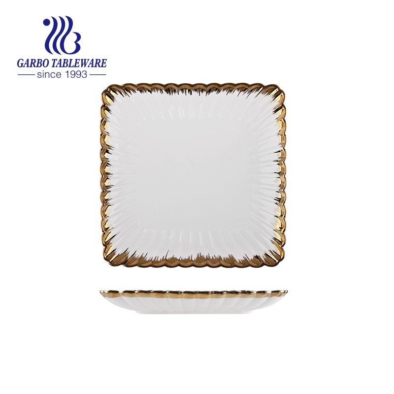 Venta al por mayor, plato de porcelana rectangular grande real único de 12 pulgadas con borde dorado