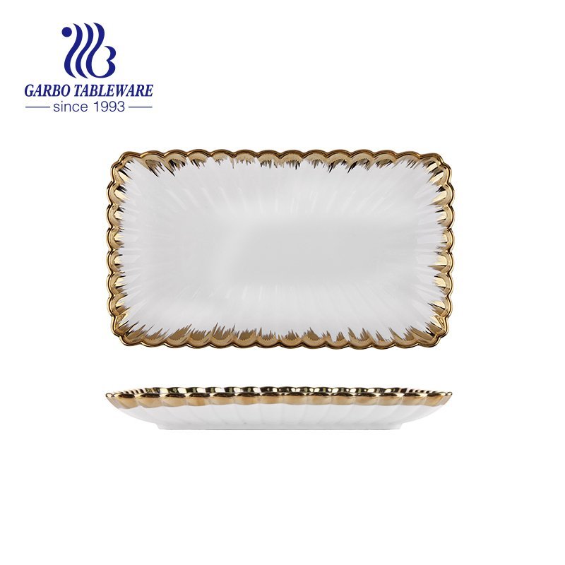 Hotel banquet serving long rectangle 13inch porcelain flat sushi dish with gold edge