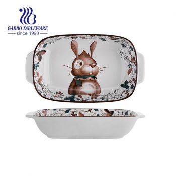630ml rabbit printing design oven safe strengthen porcelain bakeware with handle