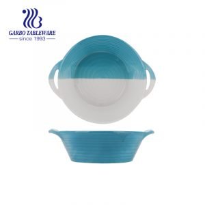 400ml blue and white mixed color oven safe round shape strengthen porcelain bakeware with ear