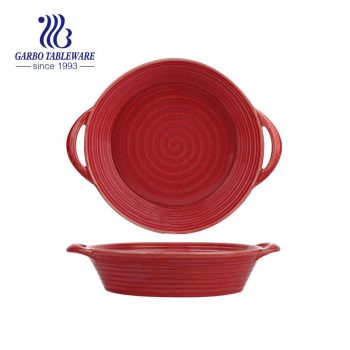 1200ml red color oven safe round shape strengthen porcelain baking tray with ear