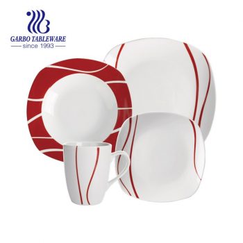 Vajilla cuadrada de porcelana diseño tiras rojas