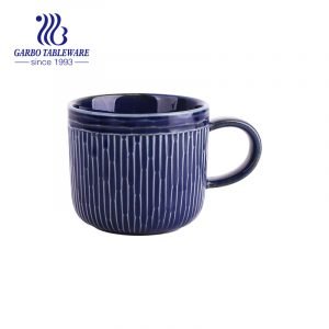 Engraved color glaze ceramic mug coffee drinks porcelain mugs table drinking cup with handle deep blue cups
