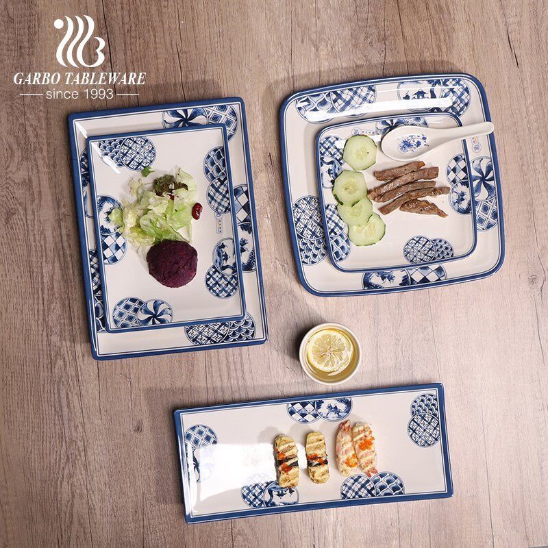 Blue melamine serving dishes set with simple handles for home table