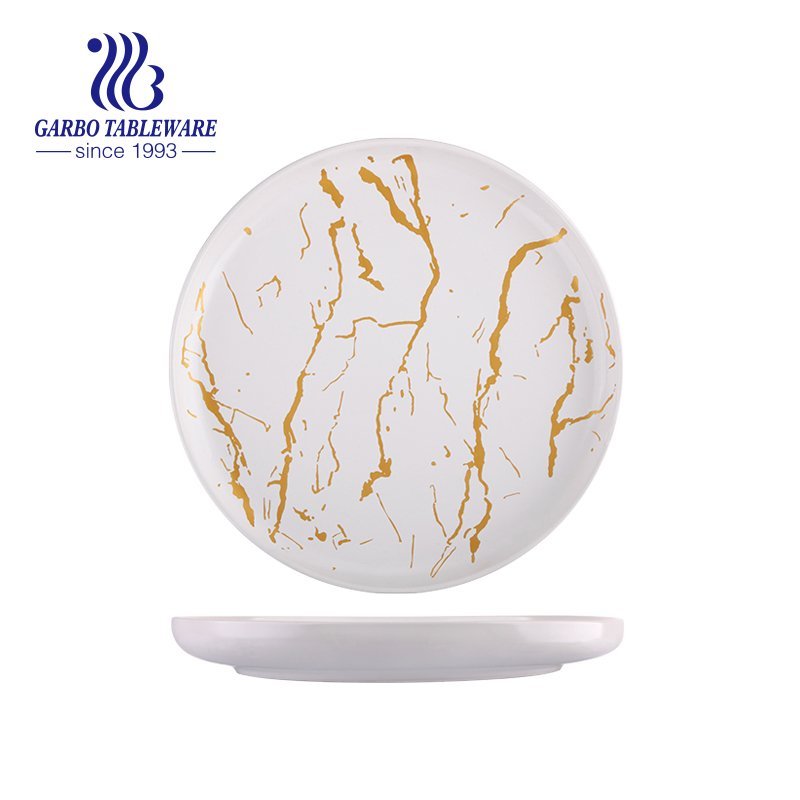 Factory custom luxury real gold decal marble design 7inch fine porcelain dessert dish