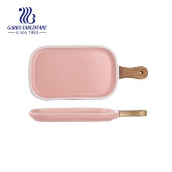 12 inch pink color oven safe square strengthen porcelain baking flat plate with wooden handle